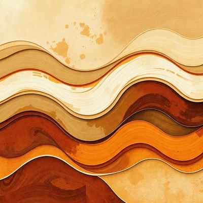 The primary subject of the image is a colorful wave pattern, featuring a mix of orange, white, and brown colors. The setting is a wall, and the visual style appears to be a combination of digital art and illustration. The dominant colors and overall atmosphere suggest a warm and vibrant mood.